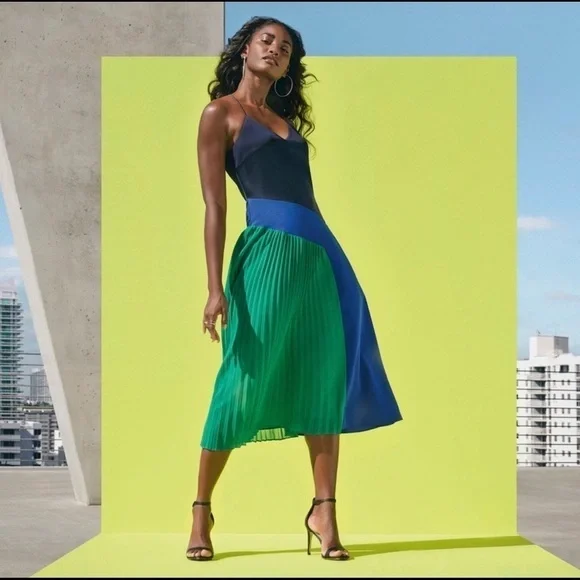 NWT Cushnie Pleated Slip Dress Navy Green - Picture 3 of 6